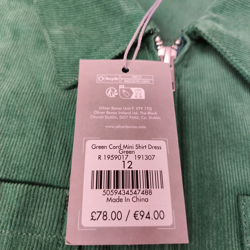 OLIVER BONAS GREEN CORD MINI SHIRT DRESS, UK SIZE 12