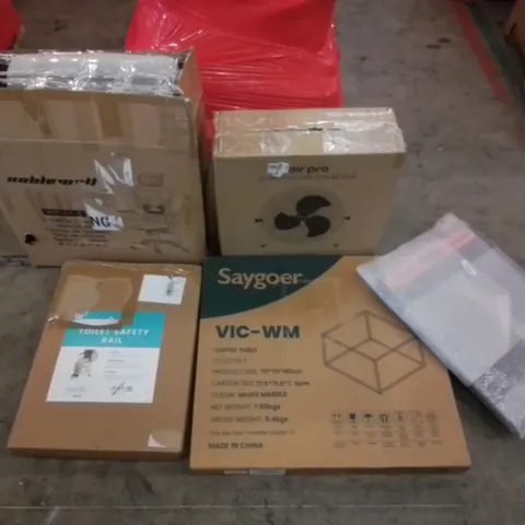 PALLET TO CONTAIN A LARGE ASSORTMENT OF HOME FURNITURE & HOME IMPROVEMENT PRODUCTS. INCLUDES TOILET RAIL, OFFICE CHAIR, COFFEE TABLE, FAN ETC
