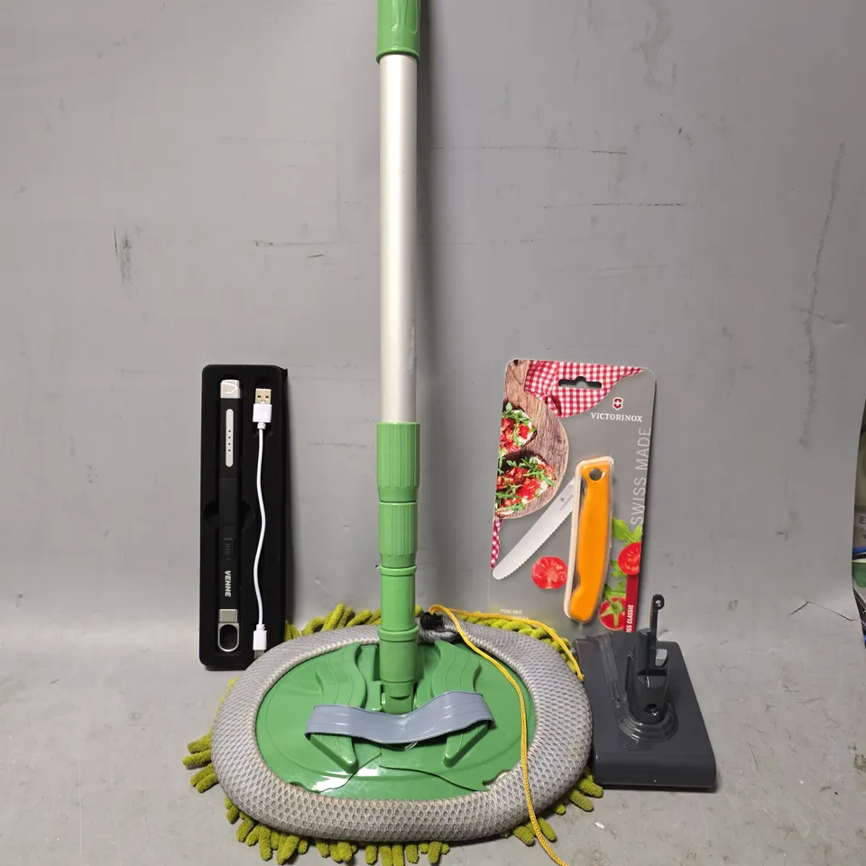 BOX OF APPROXIMATELY 7 ASSORTED BROKEN ITEMS TO INCLUDE - PICNIC KNIFE , MOP , RECHARGEABLE LI-ION BATTERY ETC