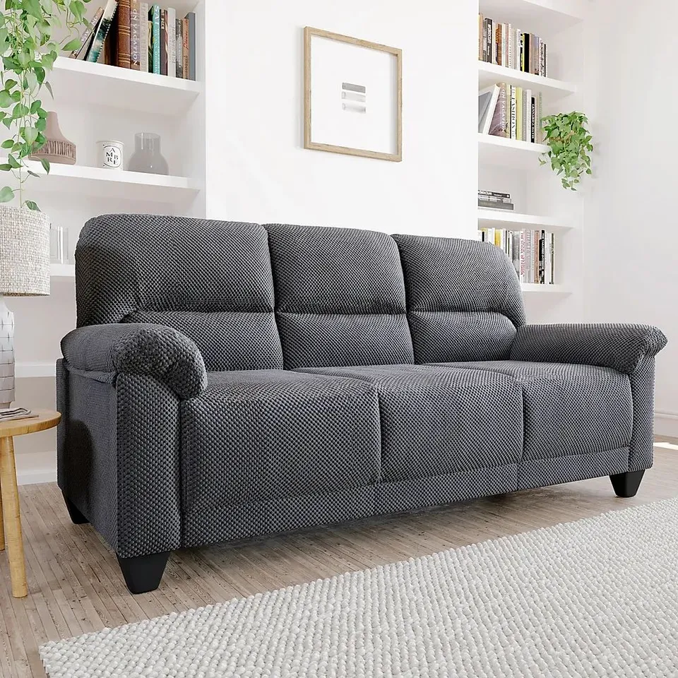 BOXED DESIGNER KENTON SMALL DARK GREY DOTTED CORD FABRIC THREE SEATER SOFA