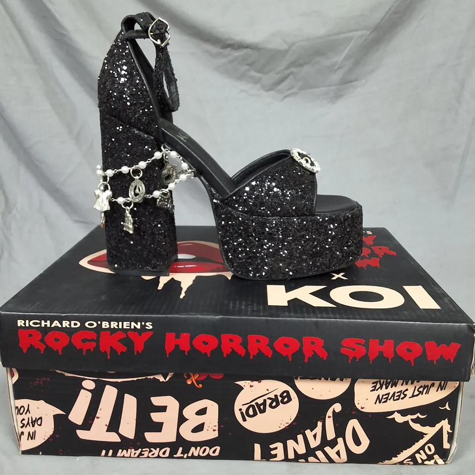 BOXED KOI X ROCKY HORROR SHOW FRASNK N FURTER CHERM HEELS BLACK - SIZE 4
