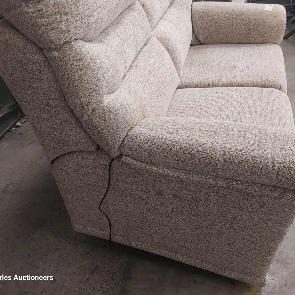 QUALITY BRITISH DESIGNER G PLAN MALVERN POWER RECLINING TWO SEATER SOFA KAMPALA BEIGE FABRIC 