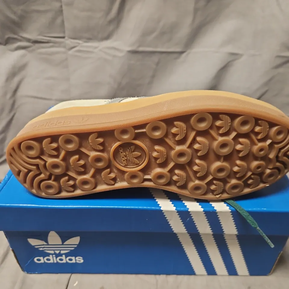 BOXED ADIDAS GAZELLE BOLD W WOMEN’S SNEAKERS – UK 6 (US 7.5) OFF-WHITE SUEDE WITH GREEN ACCENTS