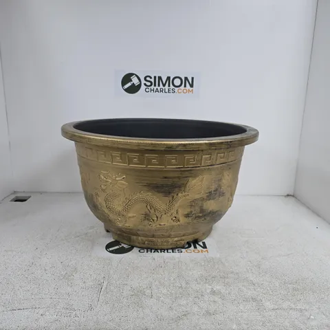 LARGE BRONZE-TONE DRAGON-RELIEF GARDEN PLANTER WITH GREEK-KEY RIM