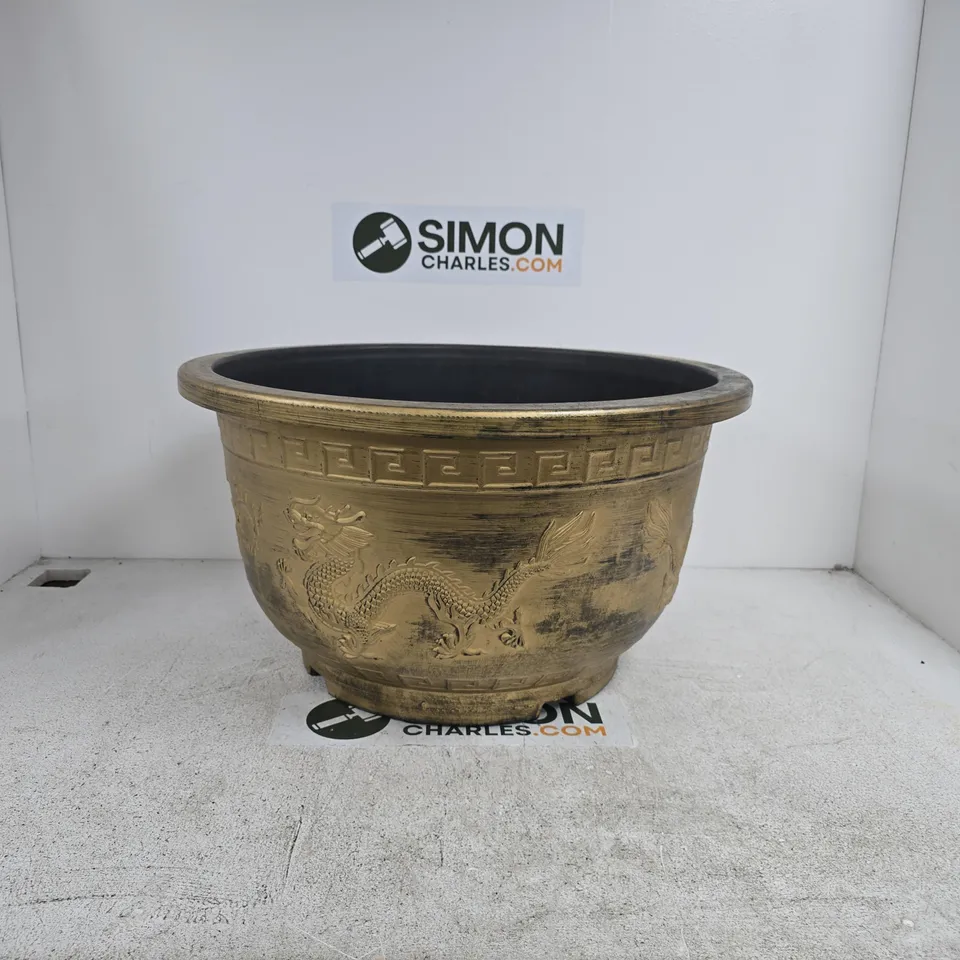 LARGE BRONZE-TONE DRAGON-RELIEF GARDEN PLANTER WITH GREEK-KEY RIM