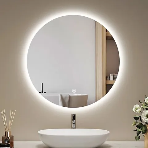 BOXED DECORATIVE ROUND BATHROOM MIRROR WITH LED LIGHTS 600×600 