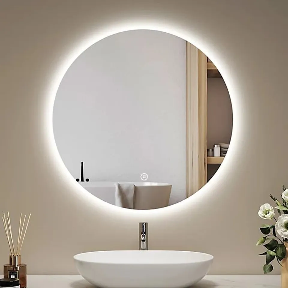 BOXED DECORATIVE ROUND BATHROOM MIRROR WITH LED LIGHTS 600×600 