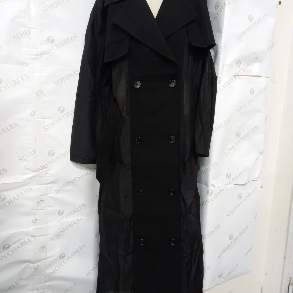 KAREN MILLEN SHEER PANEL DETAIL BELTED TRENCH COAT IN BLACK - SIZE 14