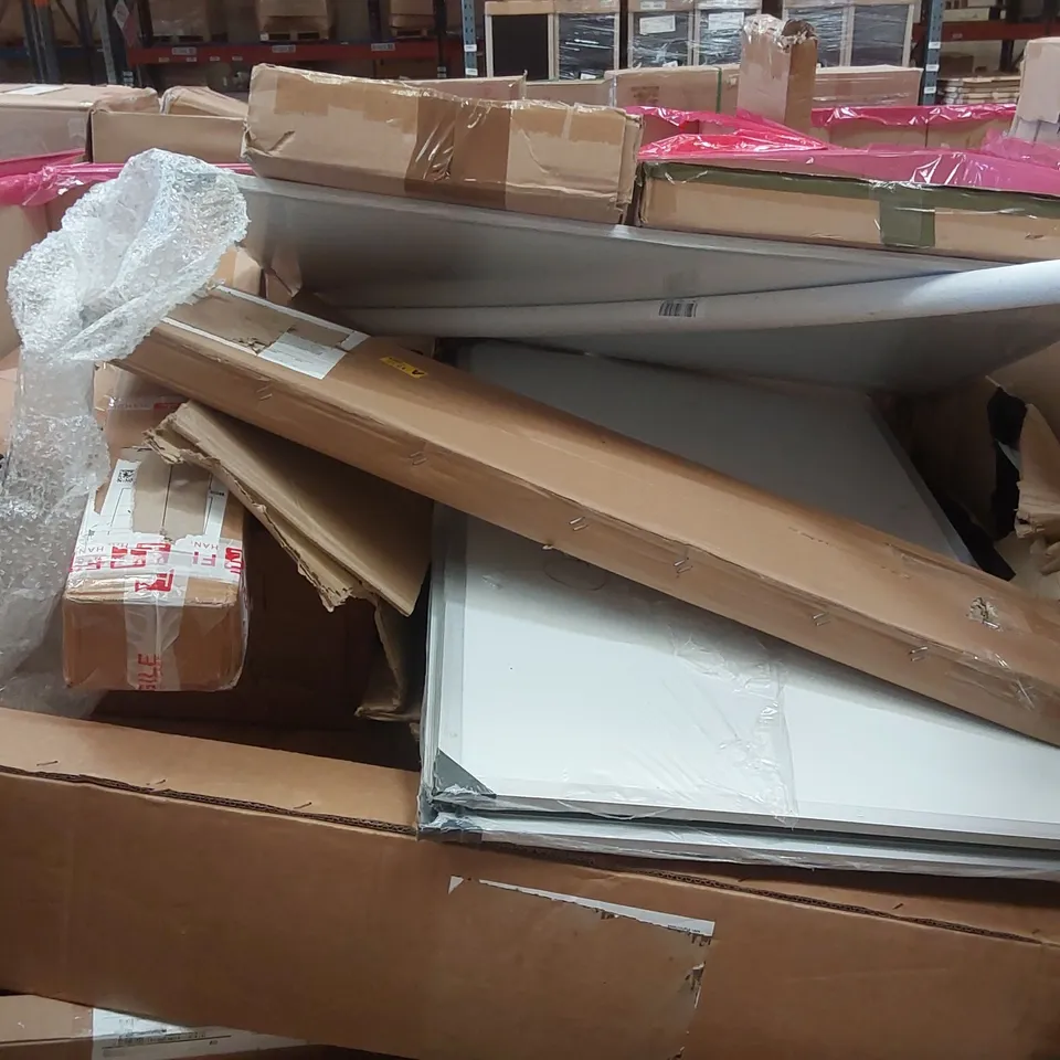 PALLET OF ASSORTED ITEMS INCLUDING: HEYMELL SOUNDBAR, LED MONITOR, WOOD EASEL, WALL MOUNTED CLOTHES RACK, STAIRCASE HANDRAIL ECT