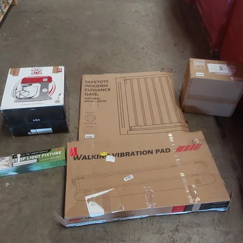 PALLET OF ASSORTED ITEMS INCLUDING: KENWOOD MIXER, WALKING VIBRATION PAD, STRIP LIGHT FIXTURE, BOOSTER SEAT, WOODEN SAFETY GATE ECT