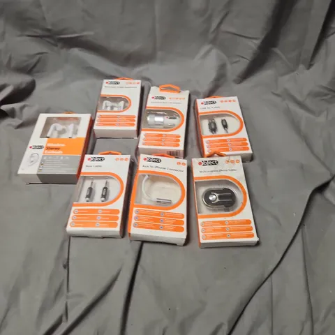 BOX OF ASSORTED USB CABLES & ADAPTERS INCLUDING BLUETOOTH EARPHONES AND AUX TO IPHONE CONNECTOR 