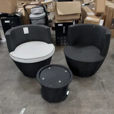 DESIGNER SET OF 2 BLACK RATTAN CHAIRS WITH SIDE TABLE - MISSING GLASS TOP