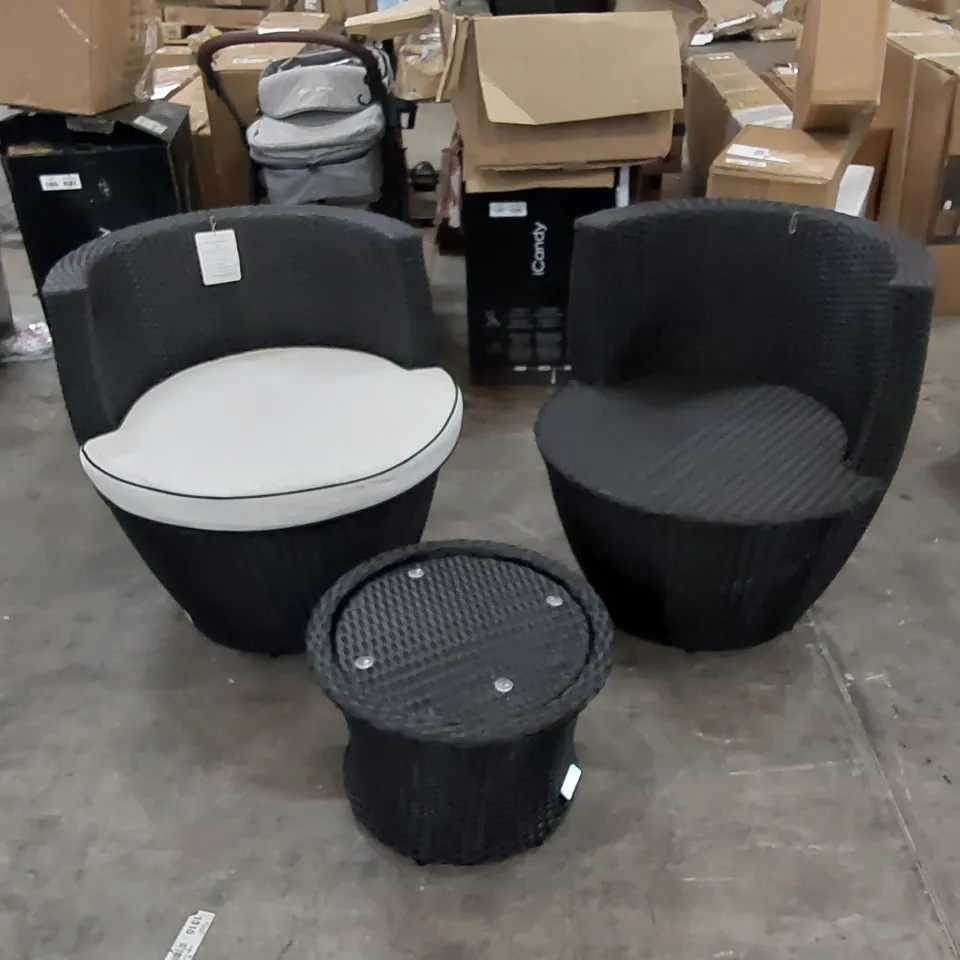 DESIGNER SET OF 2 BLACK RATTAN CHAIRS WITH SIDE TABLE - MISSING GLASS TOP