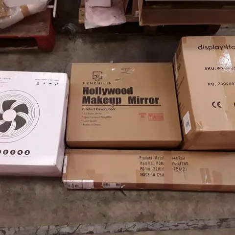 PALLET OF ASSORTED PRODUCTS INCLUDING HOLLYWOOD MAKEUP MIRROR, INTELLIGENT FAN LIGHT, METAL CLOTHES RAIL, DISPLAY4TOP TOUCH BIN, SPRING LOADED TENSION ROD