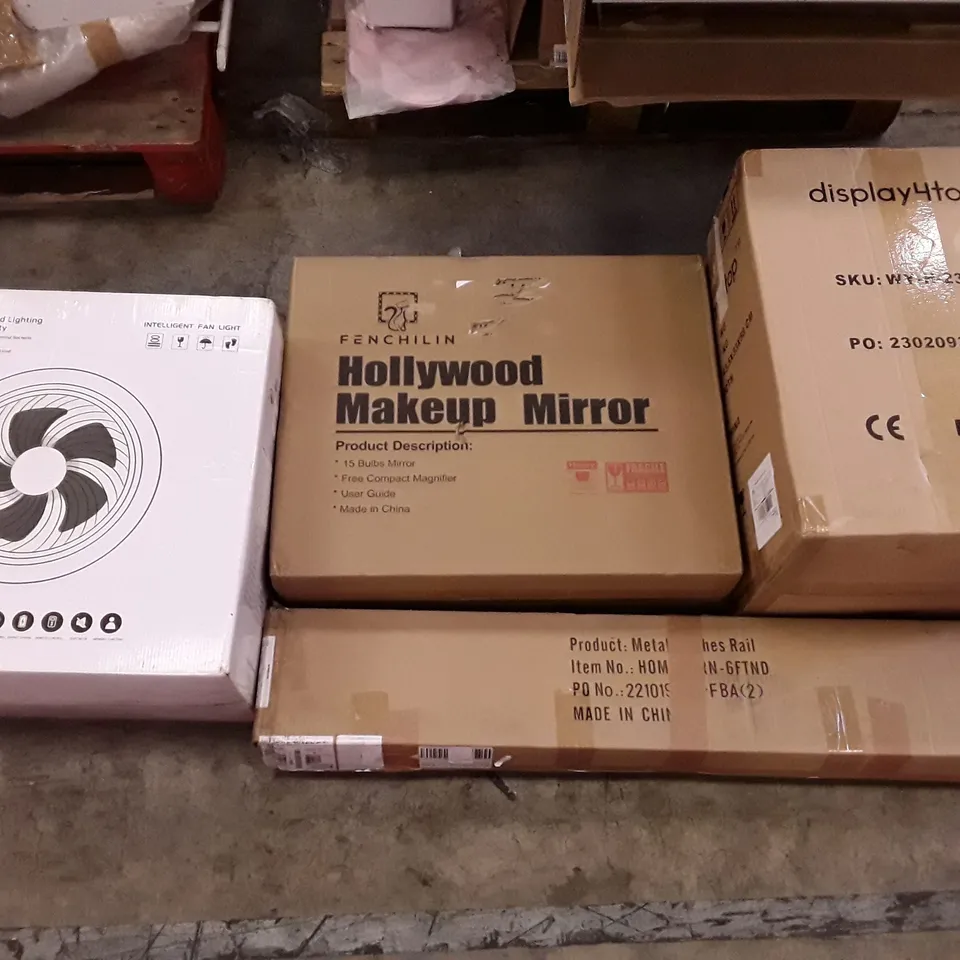 PALLET OF ASSORTED PRODUCTS INCLUDING HOLLYWOOD MAKEUP MIRROR, INTELLIGENT FAN LIGHT, METAL CLOTHES RAIL, DISPLAY4TOP TOUCH BIN, SPRING LOADED TENSION ROD