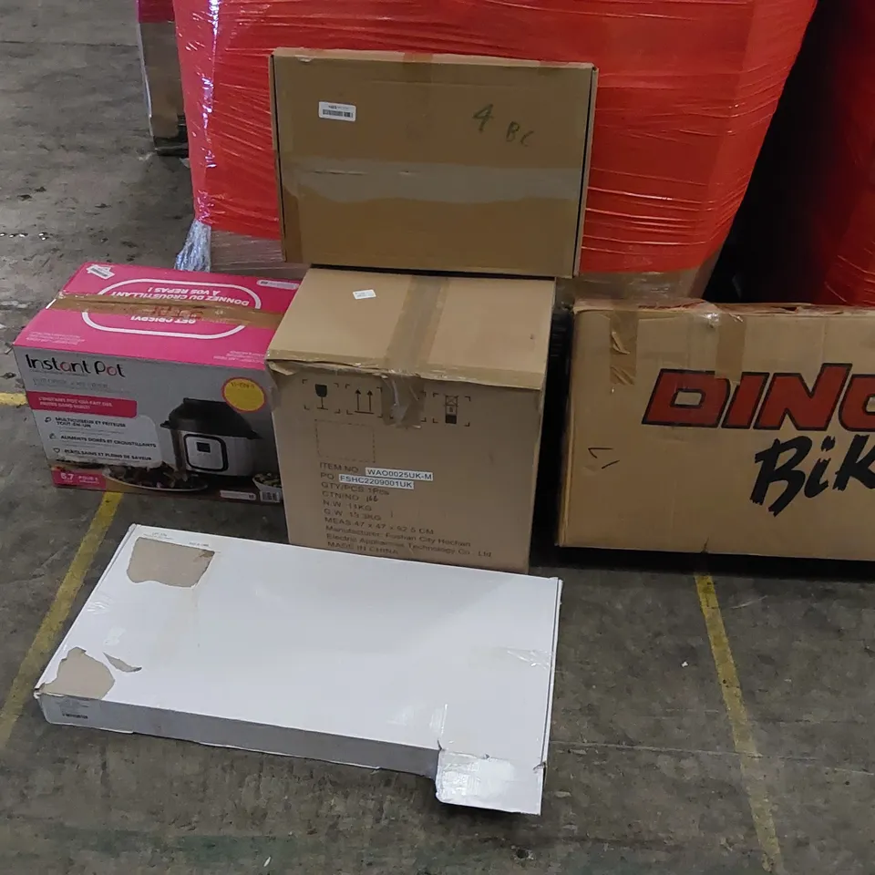 PALLET OF ASSORTED ITEMS INCLUDING: AIR FRYER, PRESSURE COOKER, BIKE, 30W SOLAR PANEL, MIXER SHOWER