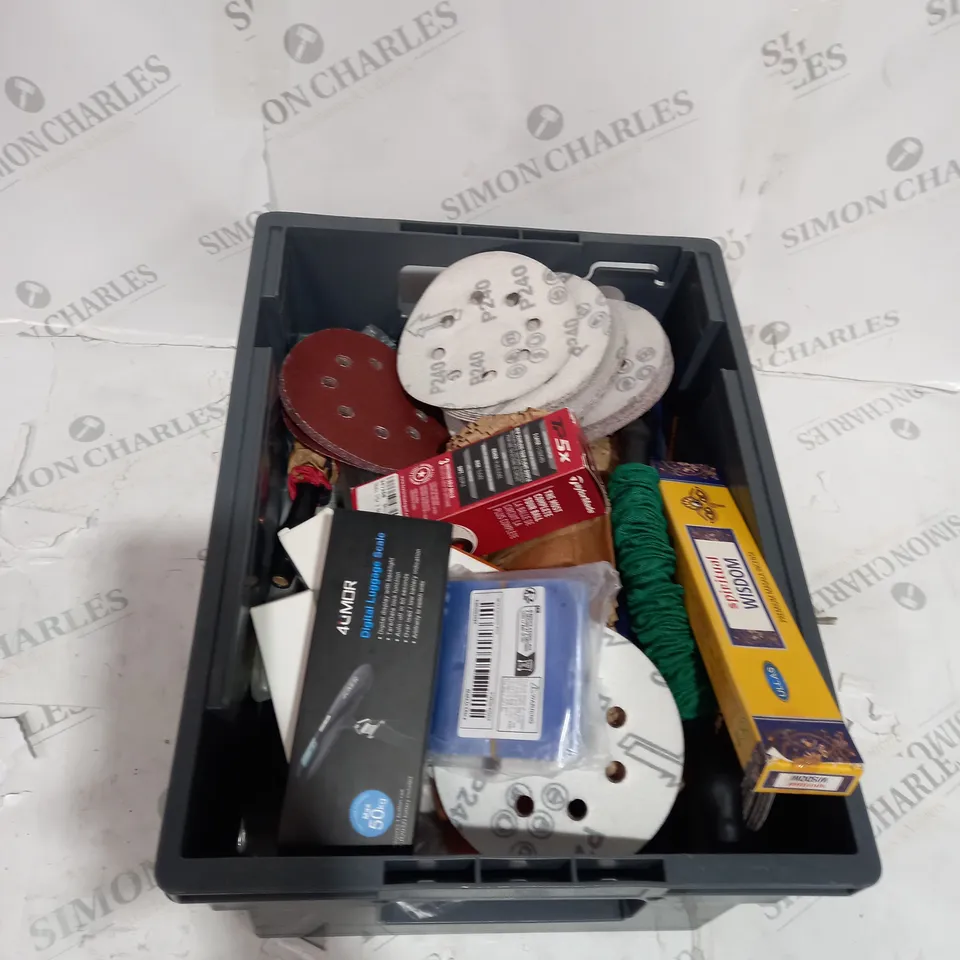 TOTE OF APPROXIMATELY 15 ASSORTED HOUSEHOLD  ITEMS TOO INCLUDE SANDPAPER , LUGGAGE SCALE , GOLF BALLS