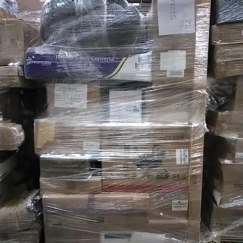 PALLET OF HOUSEHOLD ITEMS TO INCLUDE PLAY PEN, CAR STEREO, COMBO HEAT PRESS MACHINE AND OTHER ASSORTED ITEMS...