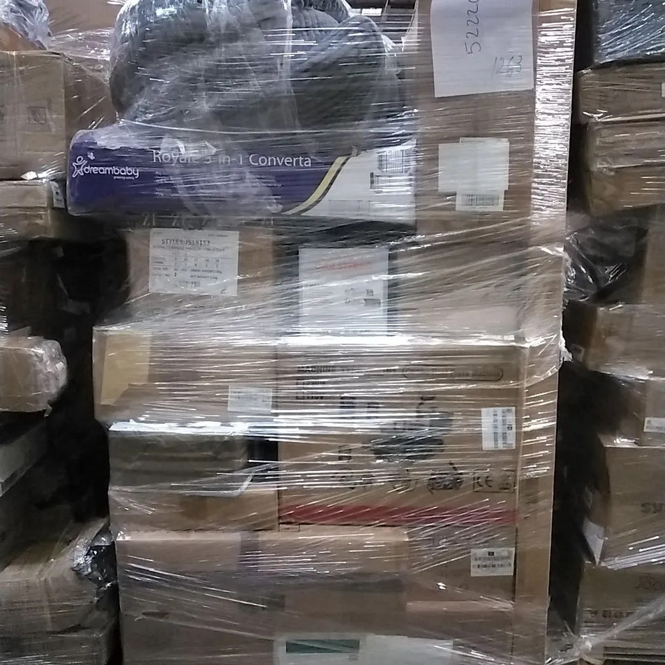 PALLET OF HOUSEHOLD ITEMS TO INCLUDE PLAY PEN, CAR STEREO, COMBO HEAT PRESS MACHINE AND OTHER ASSORTED ITEMS...