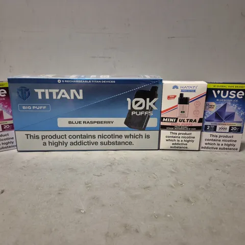 APPROXIMATELY 20 ASSORTED E-CIGARETTE PRODUCTS TO INCLUDE - TITAN 10K , HAYATI , VUSE ETC