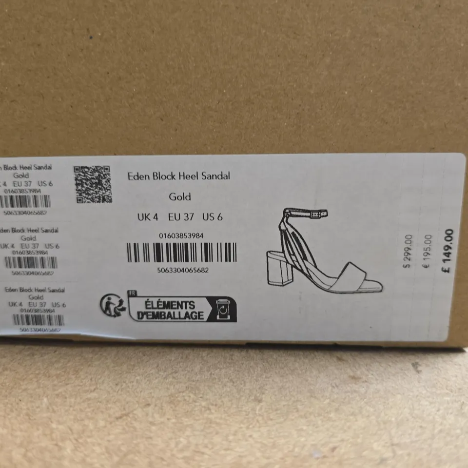 BOXED PAIR OF WHISTLES EDEN BLOCK HEEL SANDAL - GOLD, UK 4