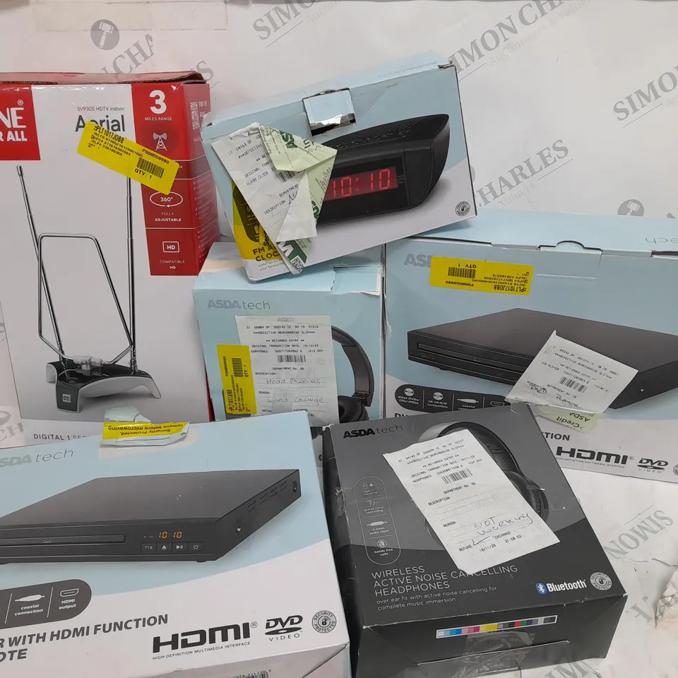  APPROXIMATELY 6 ASSORTED ASDA TECH ITEMS INCLUDING ONE FOR ALL AERIAL, WIRELESS HEADPHONES