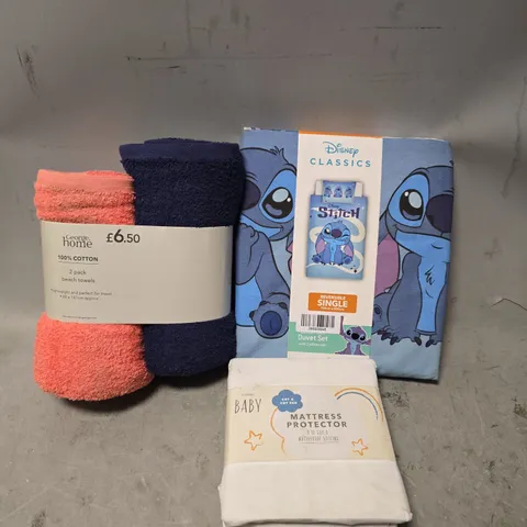 BOX OF APPROXIMATELY 12 ASSORTED ITEMS TO INCLUDE - DISNEY SINGLE  STITCH , 2 PACK BEACH TOWELS , MATTRESS PRTECTOR ETC