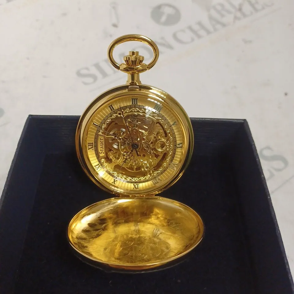 BOXED STAUER CHARLES II SKELETON POCKET WATCH. 