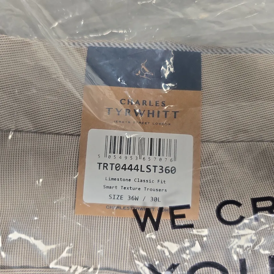 BAGGED CHARLES TYRWHITT LIMESTONE CLASSIC FIT SMART TEXTURE TROUSERS – 36W X 30L