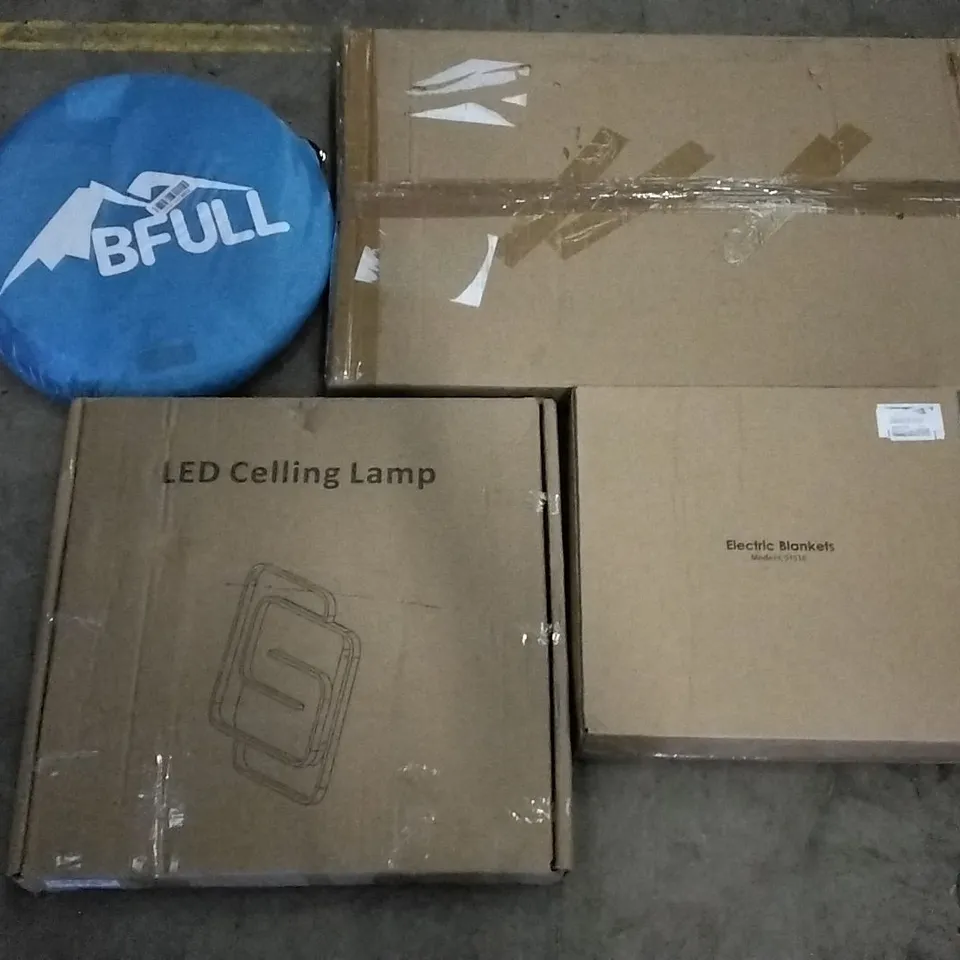 PALLET OF ASSORTED ITEMS INCLUDING LED CEILING LAMP, BFULL POP UP TENT, ELECTRIC BLANKETS, SOKISS SELF MASSAGE CANE  