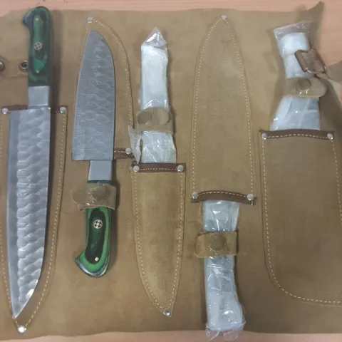 5-PIECE KITCHEN KNIFE SET WITH PATTERNED GREEN HANDLES IN BUCKLED LEATHER STORAGE CASE