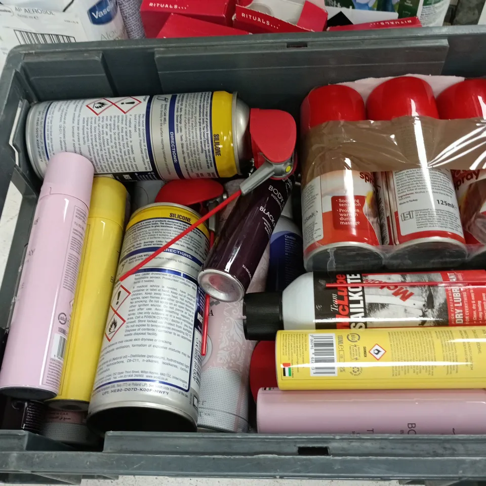 APPROXIMATELY 12 ASSORTED AEROSOLS TO INCLUDE WD40, TEAM MCLUBE DRY LUBRICANT, BODY SPRAY, ETC