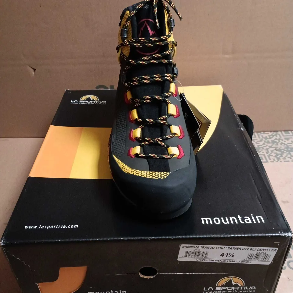 BOXED PAIR OF LA SPORTIVA TRANGO TECH LEATHER GTX HIKING BOOTS – BLACK/YELLOW - 7.5