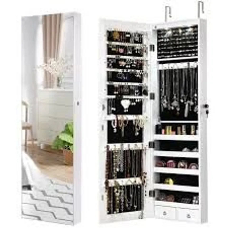 BOXED COSTWAY LOCKABLE WALL MOUNTED JEWELRY ARMOIRE WITH FULL LENGTH MIRROR AND LED LIGHTS - WHITE