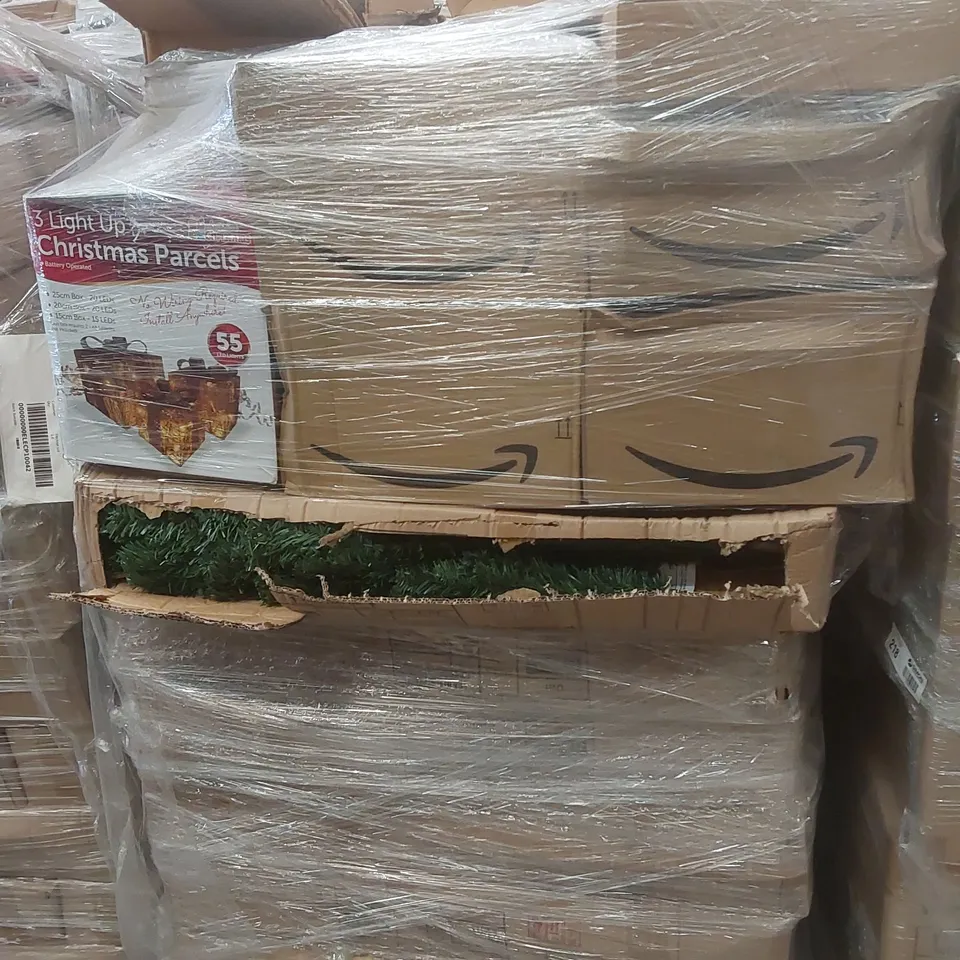 PALLET CONTAINING A VERY LARGE QUANTITY OF ASSORTED ITEMS INCLUDING: LIGHT UP CHRISTMAS PARCELS, ARTIFICIAL CHRISTMAS TREES, LIGHT UP PENGUIN, LED WREATHS ECT