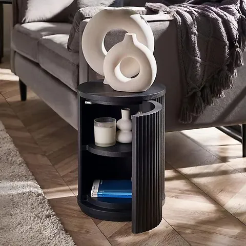 BOXED JULIAN BOWEN LOUIS FLUTED SIDE TABLE WITH DOOR - BLACK