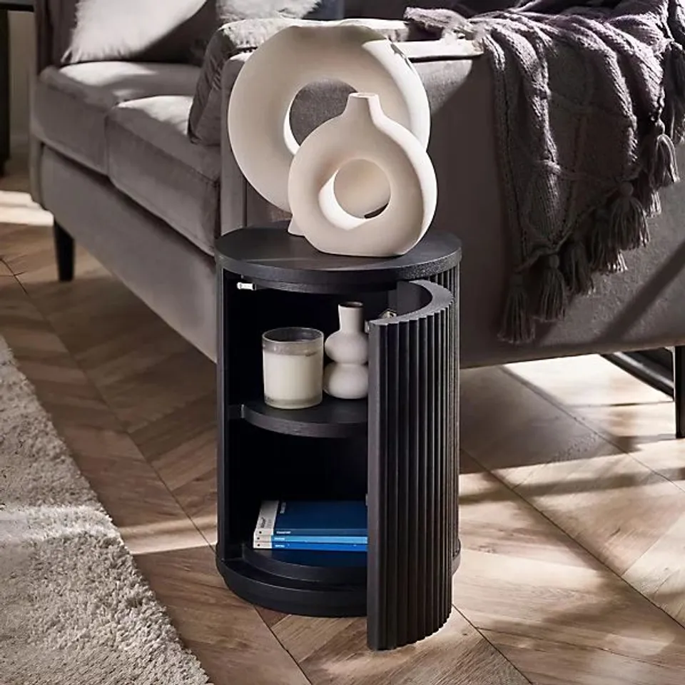 BOXED JULIAN BOWEN LOUIS FLUTED SIDE TABLE WITH DOOR - BLACK