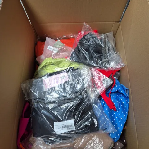 BOX OF APPROXIMATELY 25 ASSORTED CLOTHING ITEMS IN VARIOUS STYLES , COLOURS AND SIZES 