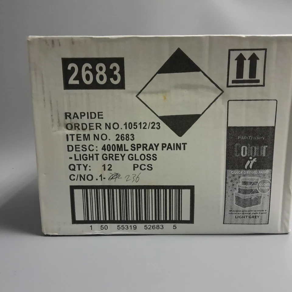 APPROXIMATELY 12 SEALED PAINT FACTORY COLOUR IT ALL PURPOSE QUICK DRYING SPRAY PAINT 400ML - LIGHT GREY 