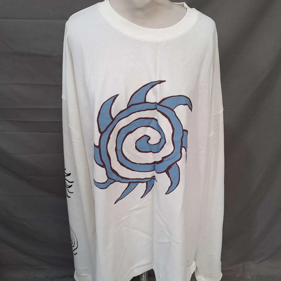 COLLUSION LONG SLEEVE SKATER FIT TSHIRT WITH SPIRAL PRINT IN ECRU SIZE 3XL