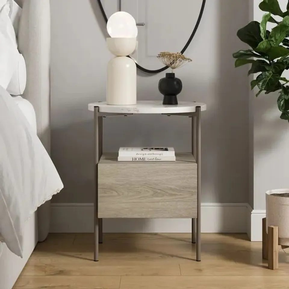 BOXED ELODY 1 DRAWER BEDSIDE TABLE - WHITE MARBLE EFFECT (1 BOX)