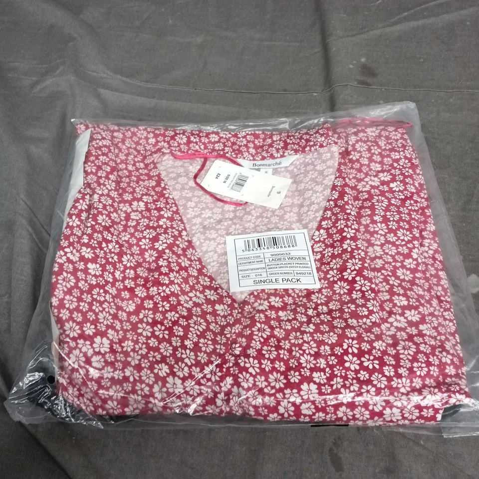 BORNMARCHÉ LADIES WOVEN SMOCK DRESS – PINK DITSY FLORAL, BUTTON PLACKET, UK SIZE 16
