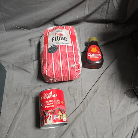 APPROXIMATELY 12  ASSORTED FOOD ITEMS TO INCLUDING MORRISONS LAIN FLOUR , CLARKS MAPLE SYRUP AND ORGANIC COCOA POWDER 