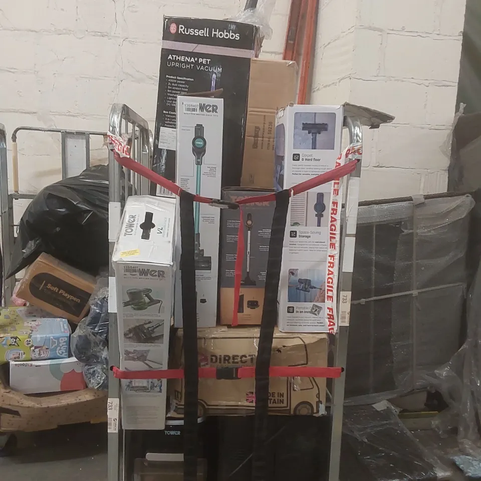 CAGE CONTAINING A LARGE QUANTITY OF ASSORTED ITEMS INCLUDING: TOWER VACUUM CLEANERS, RUSSELL HOBBS UPRIGHT VACUUM CLEANER, MACROMAX SPIN MOP, TOWER FANS ECT // CAGE NOT INCLUDED