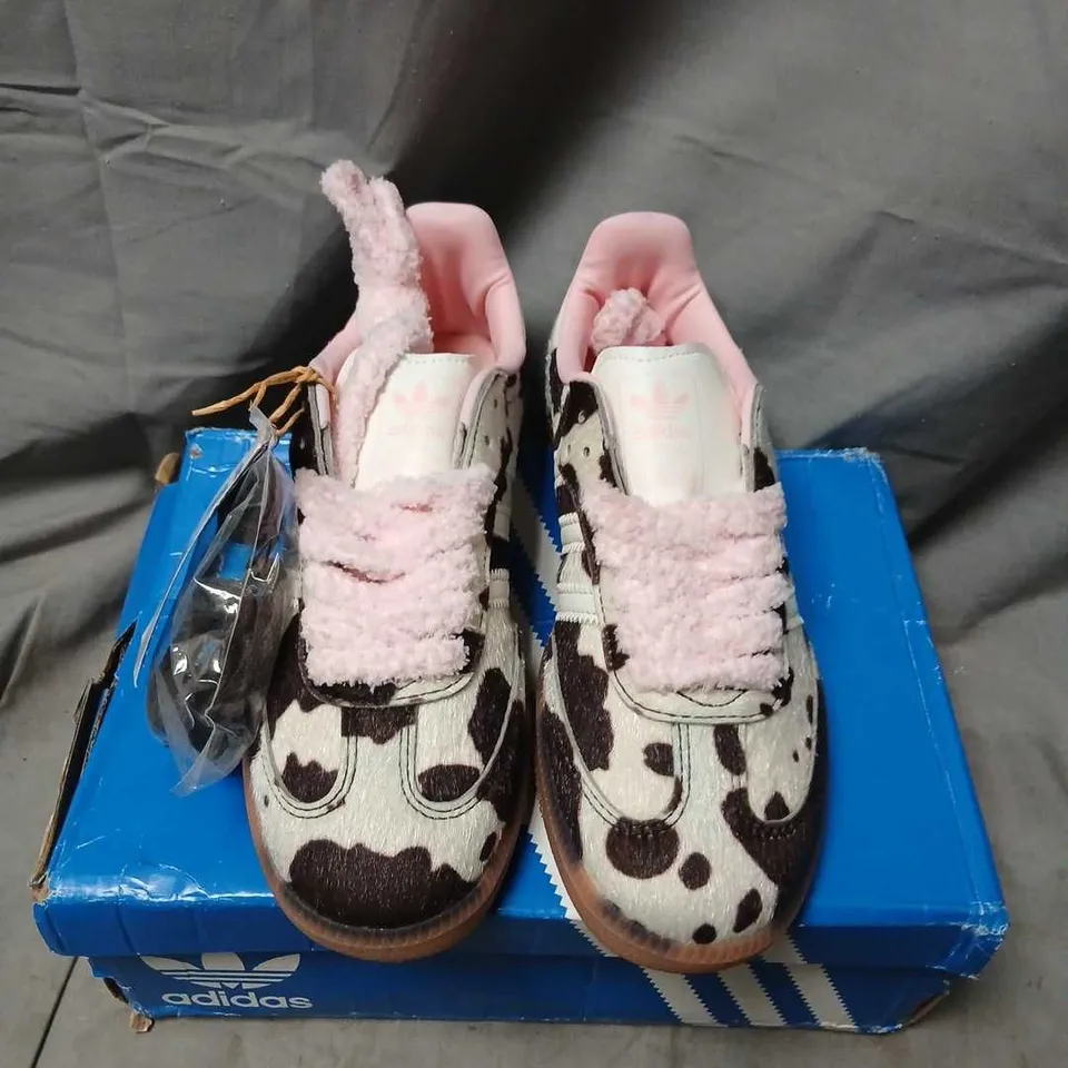 ADIDAS SAMBA OG KID'S SNEAKERS - WHITE/BLACK COW PRINT, PINK LINING, VELCRO STRAPS, UK 4