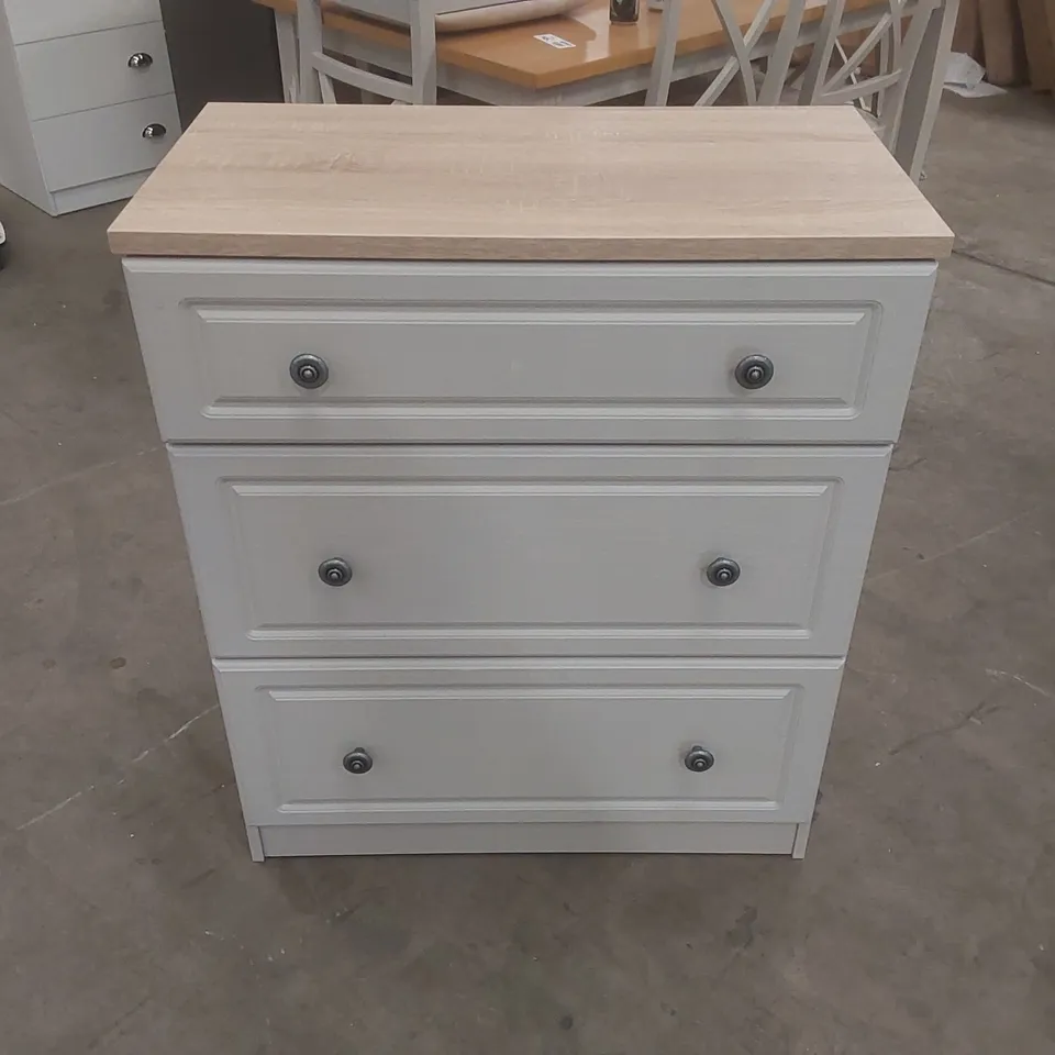 NORFOLK 3 DRAWER DEEP CHEST IN DUSK GREY & BARDOLINO OAK (READY ASSEMBLED) COLOUR:BEIGE