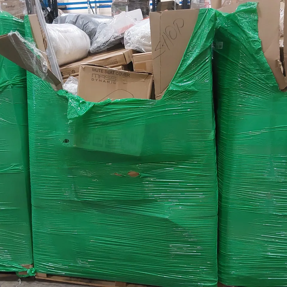 PALLET OF ASSORTED CONSUMER PRODUCTS TO INCLUDE: BLINDS, BEDDING, PIZZA STONE, CLOCK , COOKING PAN, TOILET SEAT ECT