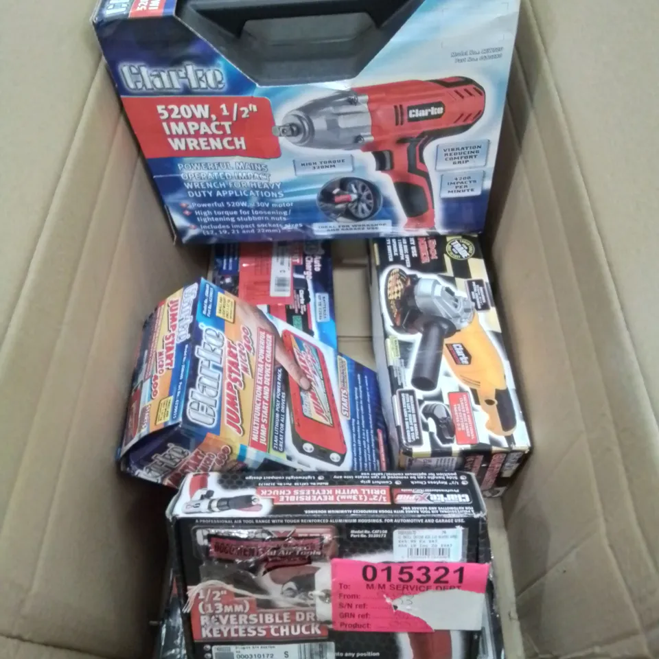 LOT CONTAINING VARIOUS TOOLS TO INCLUDE AIR NEEDLE SCALER, JUMP START MICR 400, 520W IMPACT WRENCH, ETC.