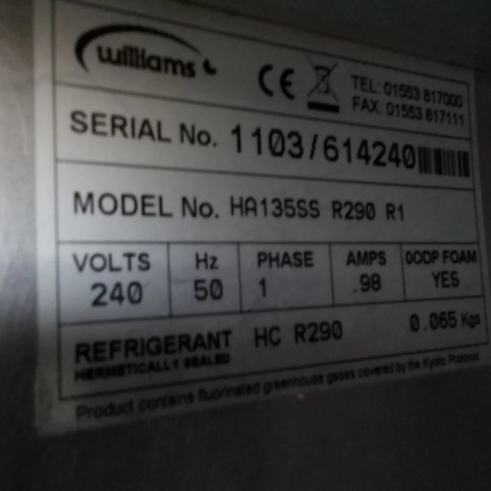 WILLIAMS HA135SS R290 R1 UNDER COUNTER COMMERCIAL FRIDGE