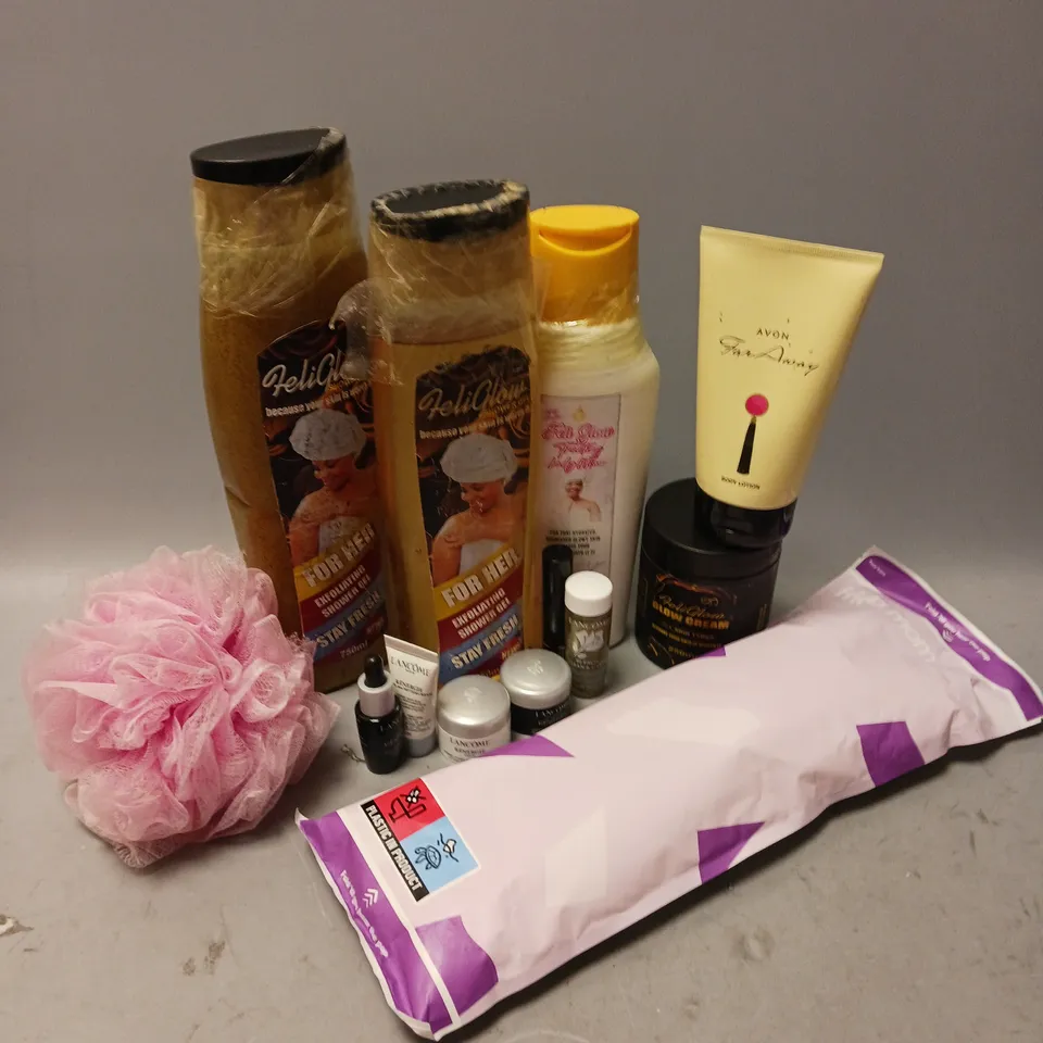 BOX OF APPROXIMATELY 15 COSMETIC ITEMS TO INCLUDE - FELIGLOW CREAM - LANCOME REPAIRING NIGHT CREAM - FRIDA MOM COLD PADS- ETC 